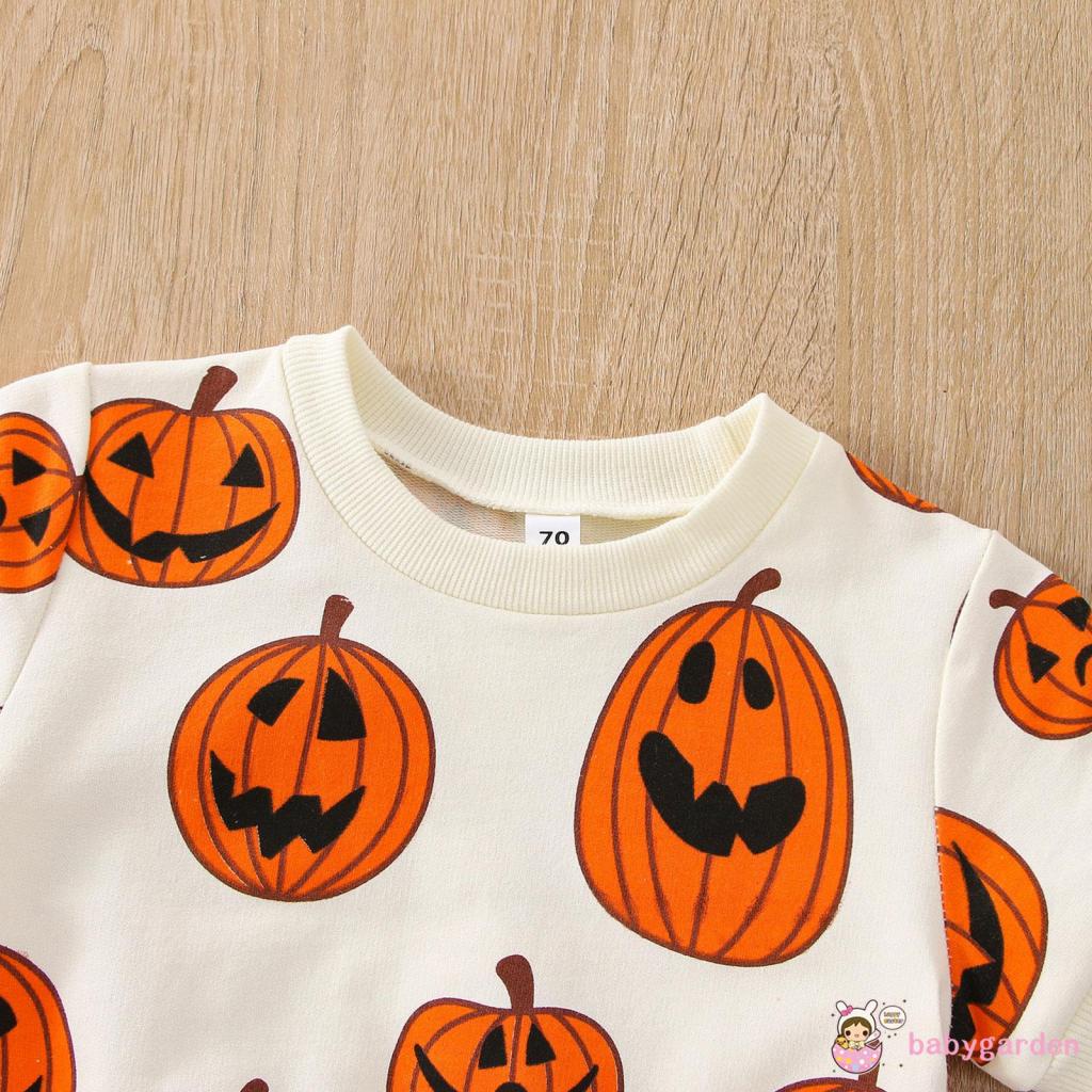 Áo Liền Quần Ngắn Tay Cổ Tròn In Họa Tiết Bí Ngô Hoạt Hình Phong Cách Halloween Cho Bé 0-3 Tuổi