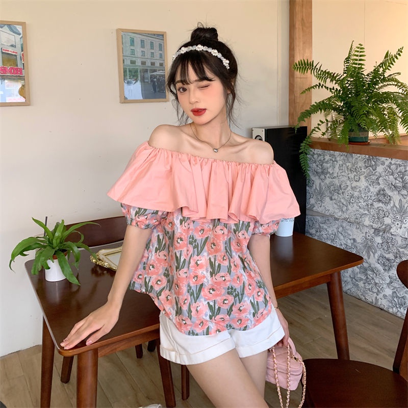 Áo Trễ Vai Tay Ngắn Dáng Rộng Phối Bèo Hoạ Tiết Hoa Màu Hồng Nữ Tính  tao bao