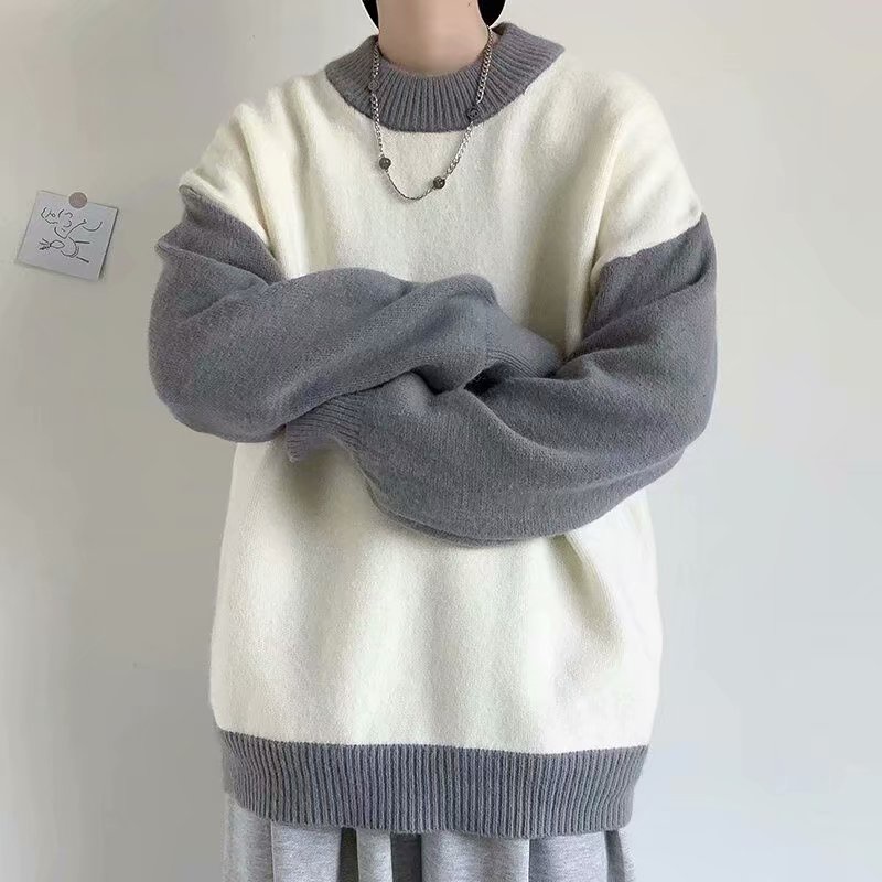 Áo len dài tay cổ tròn thời trang Hàn Quốc sweater lông trắng màu sắc tương phản dành cho áo len kiểu tay dài nam