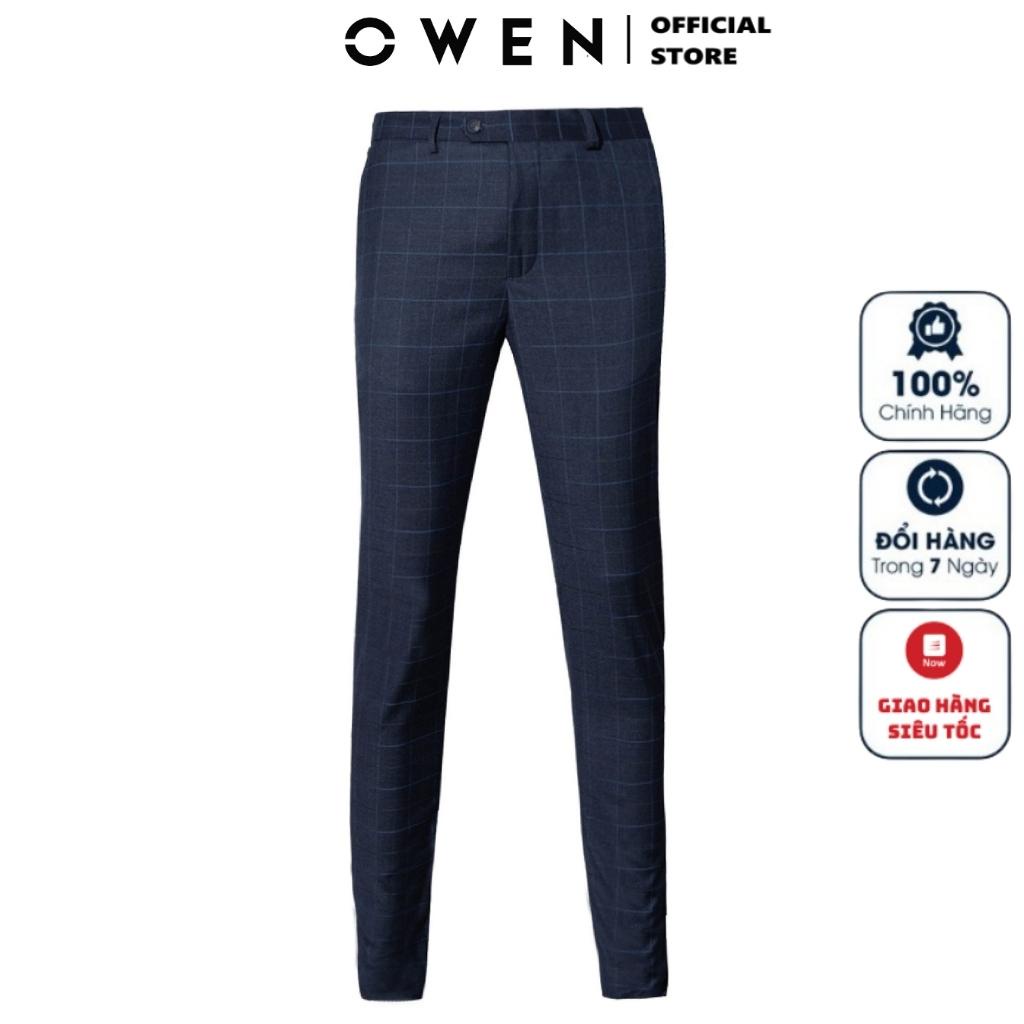 Quần Âu Nam Quần Tây Công Sở Cao Cấp OWEN QS23444 Dáng Slim Fit Ống Ôm Màu Navy Kẻ Xanh Vải Polyester Mềm Mát Đứng Form