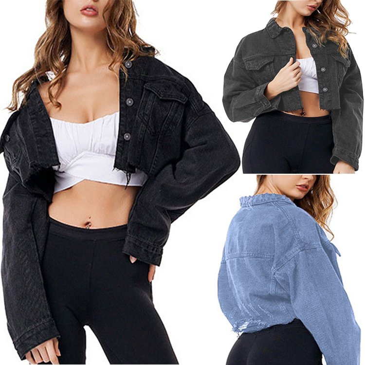 Ladies sexy casual long-sleeved denim jacket with ripped holes