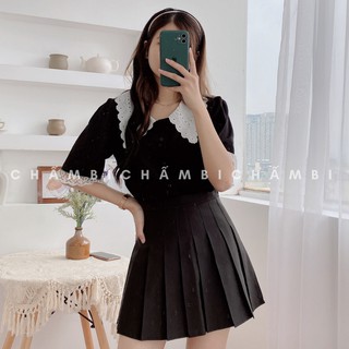 Áo sơ mi kiểu A.175, áo sơ mi hàn quốc cổ ren hoa nhí nhọn cộc tay pha ren xếp ly nhẹ thân hai màu đen trắng
