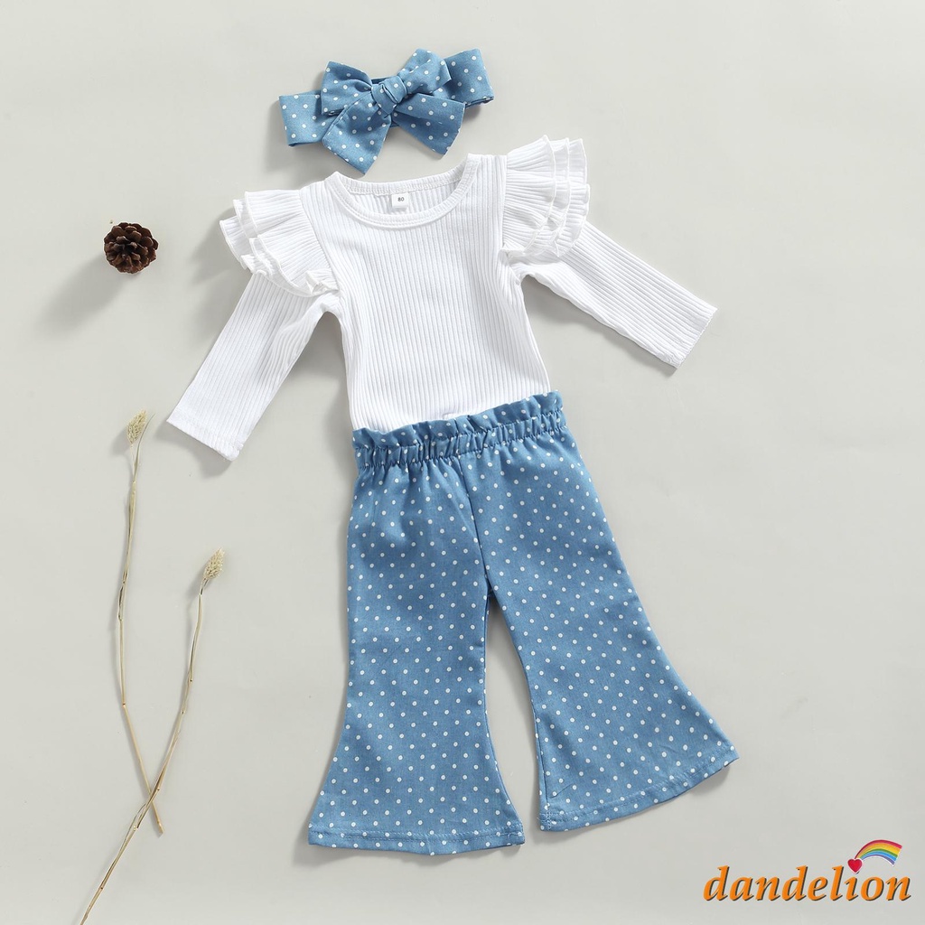 ○❏Set Áo Liền Quần Tay Dài Ống Loe Chấm Bi Xanh Dương + Băng Đô Dễ Thương Cho Bé Gái