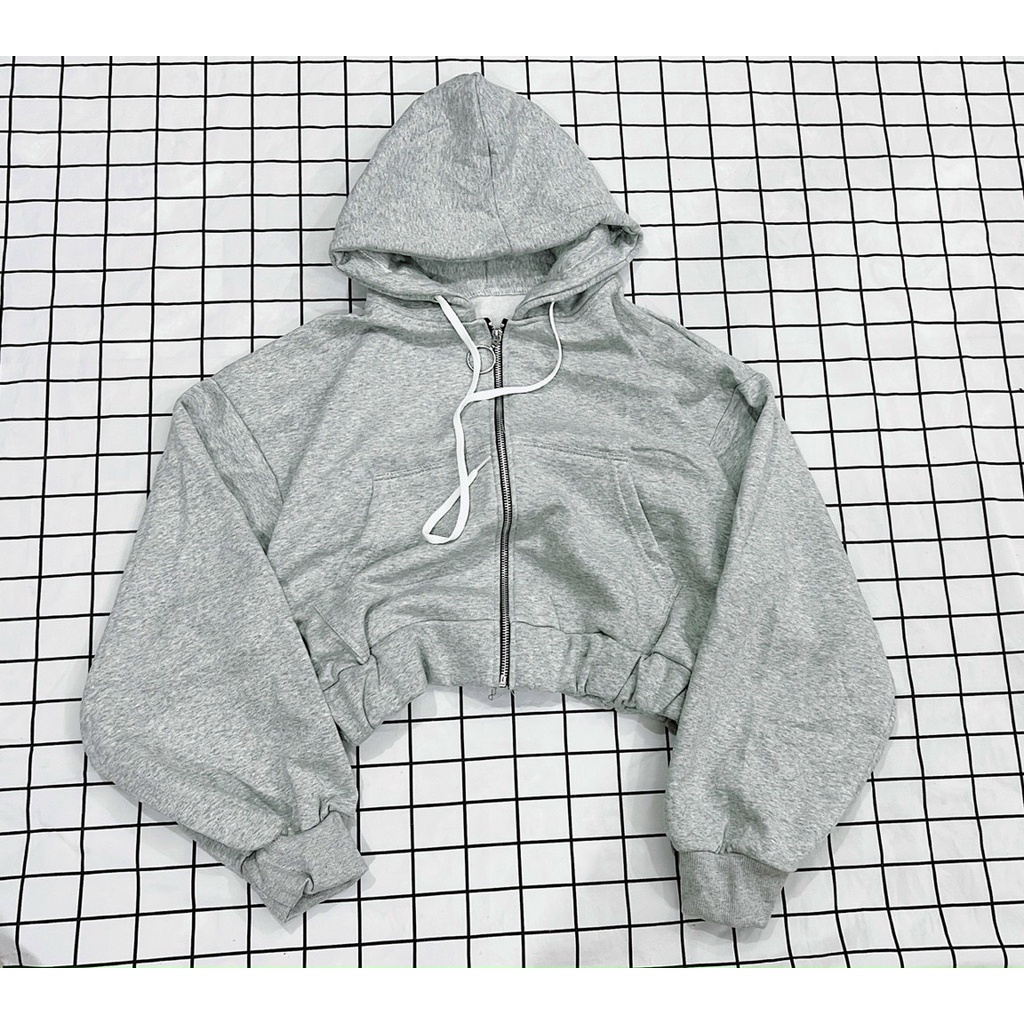 ÁO KHOÁC CROPTOP NỮ FORM RỘNG TAY PHỒNG MÀU XÁM VẢI NỈ, ÁO KHOÁC HOODIE CROPTOP NGẮN