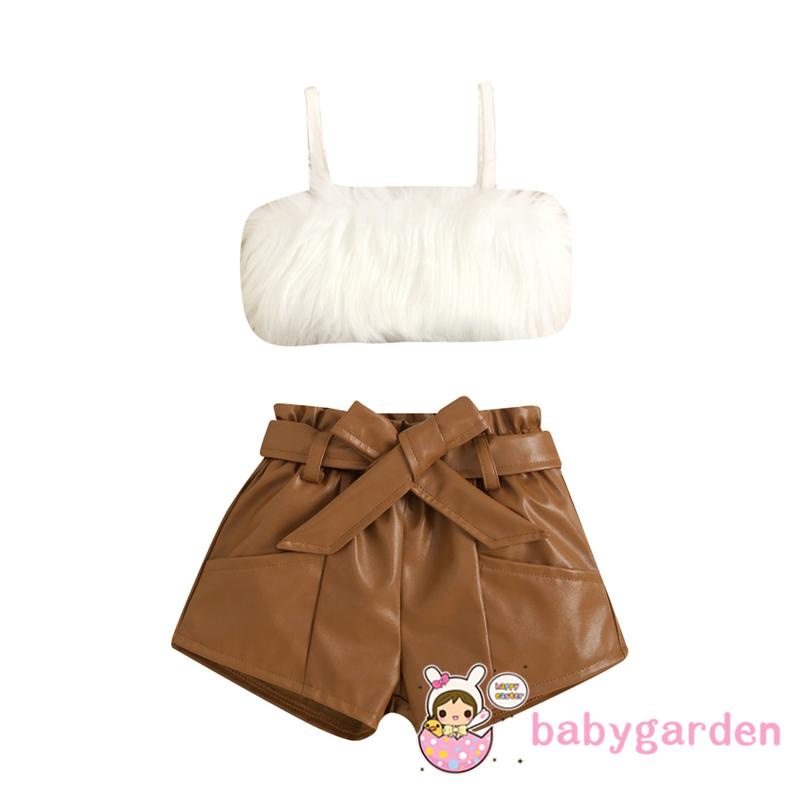 BABYGARDEN-2-7years Baby Girls 2 Pcs Solid Color Outfits, Cropped Fluffy Fur Camisole + Belted Leather Shorts Set