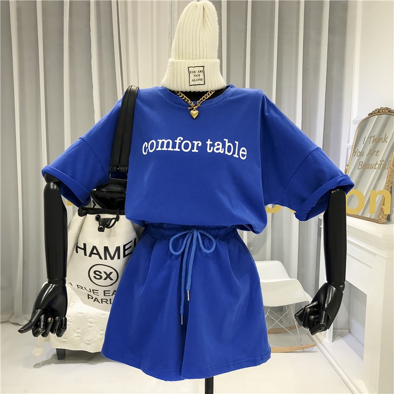 SUXI Set áo thun tay ngắn cổ tròn + quần ngắn dây rút thiết kế mới thời trang mùa hè cho nữ