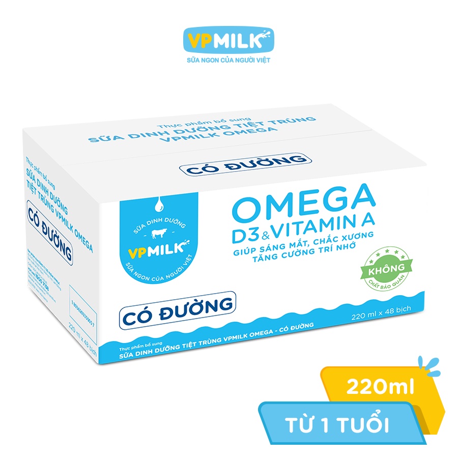 Thùng 48 bịch Sữa Dinh Dưỡng Tiệt Trùng VPMilk Omega Có Đường/Ít Đường/Không Đường (220ml)