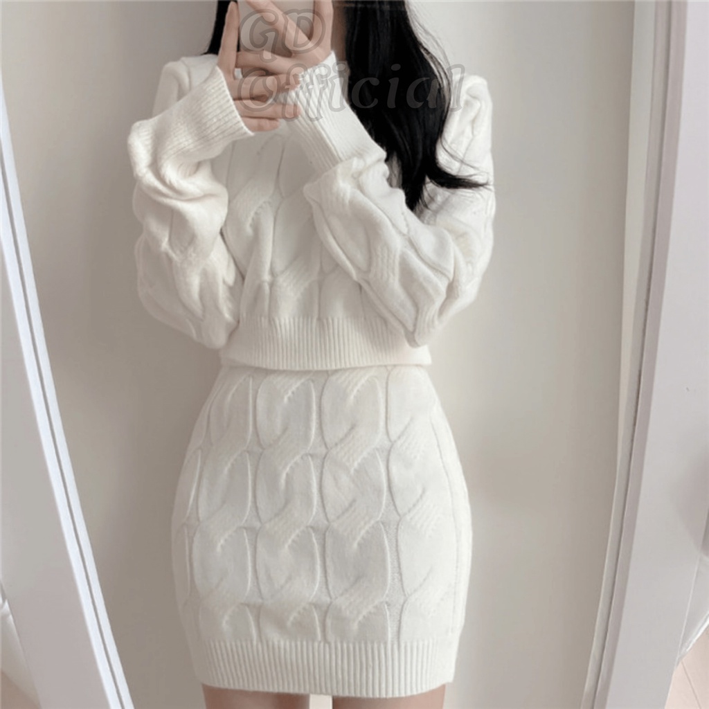 L77|Áo len croptop dệt kim dáng ngắn dài tay cho nữ, váy ôm body vặn thừng cạp lưng cao màu trắng, xám GD Official