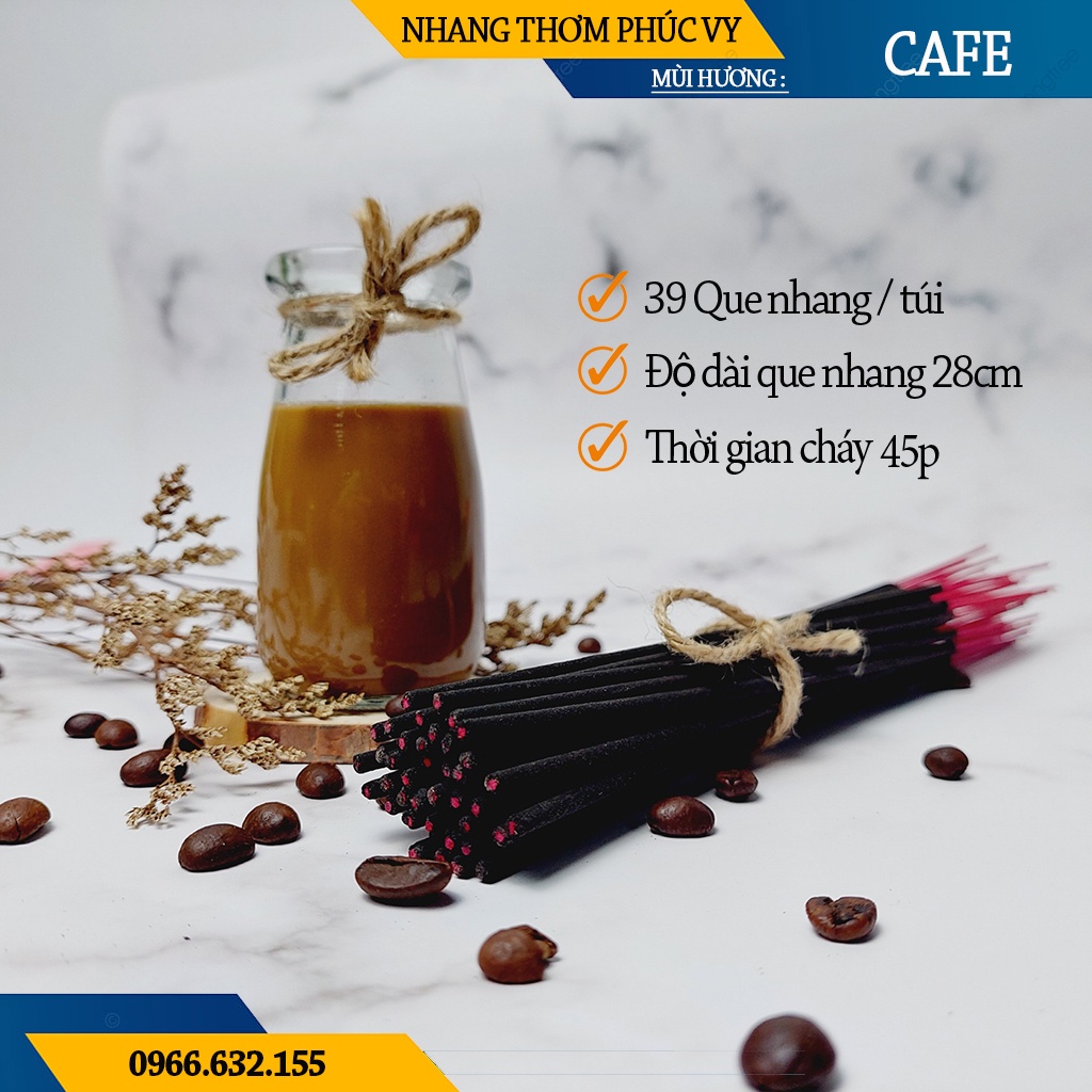 Nhang Thơm Phúc Vy Hương Cafe - Túi 39 Cây 28cm, Ít Khói, Thơm Nhẹ, Dễ Chịu, Không kích mũi