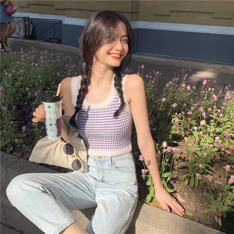 Áo dệt kim Pure Cube sát nách hoạ tiết kẻ sọc thời trang dành cho phái nữ