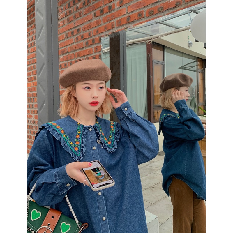 Hàng Mới Về Mới Áo Khoác Denim Cổ Búp Bê Thêu Hoa Dáng Rộng Thời Trang Mùa Xuân 2022 Cho Nữ