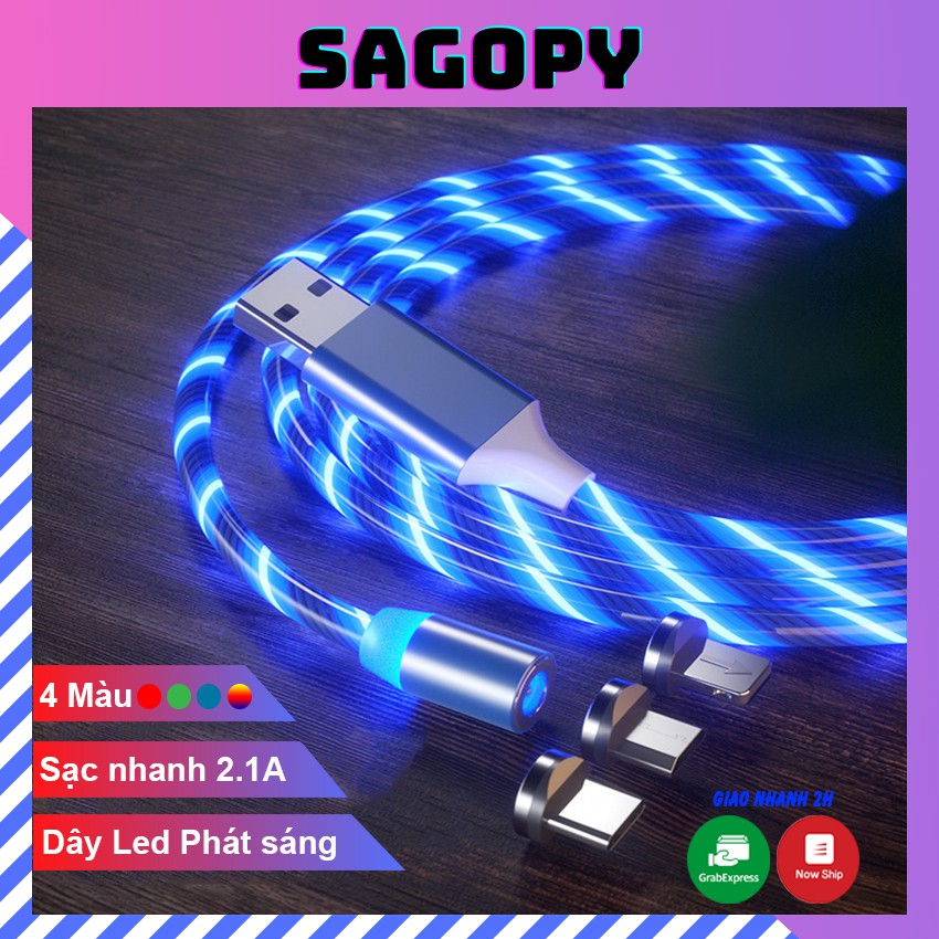Dây cáp sạc iphone Lightning, Samsung type C, Micro Oppo, dây cáp sạc điện thoại nam châm có đèn Led Sagopy