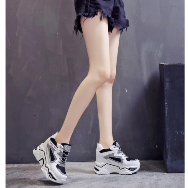 (sẵn  đen 37) Giày Sneaker Ulzzang nữ độn đế bánh mì cao dày 8cm trắng dạ quang tăng chiều cao Hàn Quốc chất lượng -v12