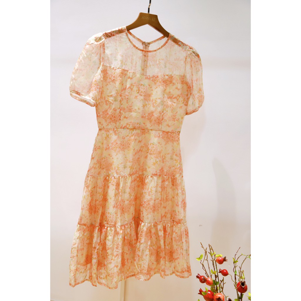 Jenny Le - Đầm tơ hoa tay ngắn tùng nhíu tầng  JL060
