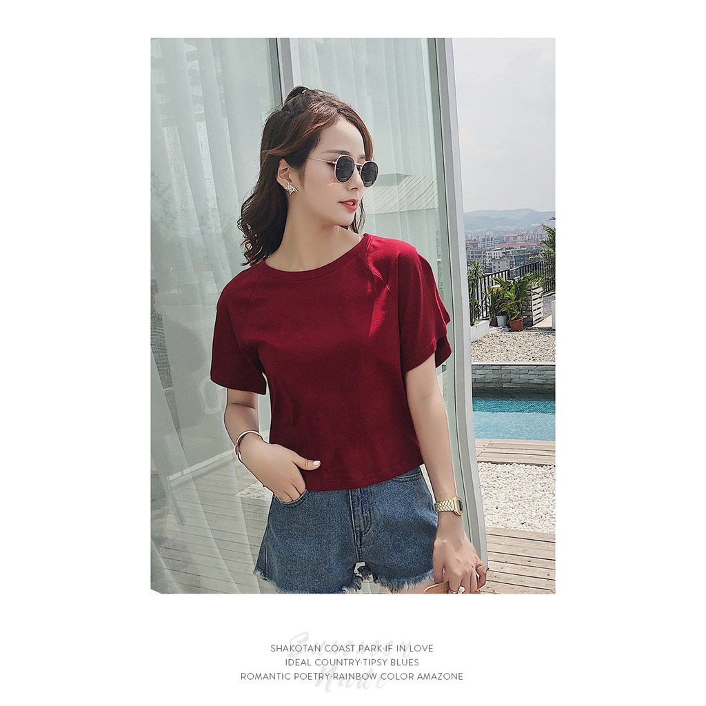 Áo Thun Lửng Cổ Yếm Cột Dây Lưng Cao Dáng Rộng Xẻ Tà Kiểu Hàn Quốc Thời Trang