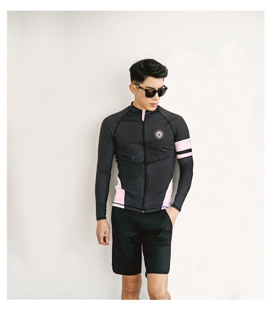 Đồ bơi dài tay nam nữ áo khoác đen line hồng quần váy dài chống nắng | BigBuy360 - bigbuy360.vn