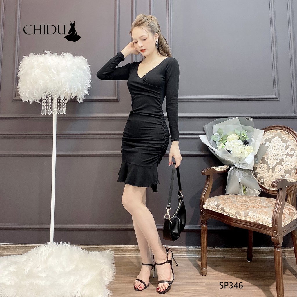 CHIDU Đầm body cổ tim dài tay, đầm body công sở đuôi cá -SP346