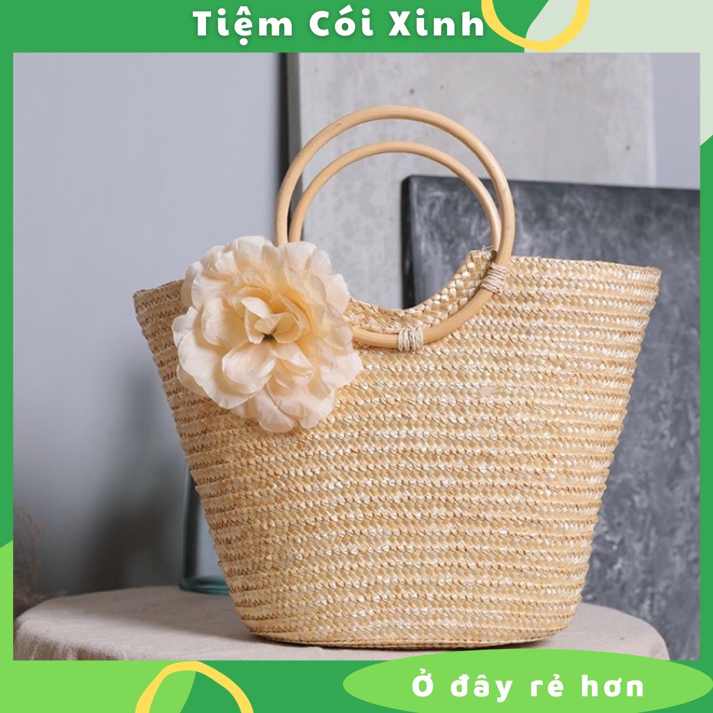 Túi Cói To Gắn Hoa Trà Cỡ Lớn Quai Gỗ Đi Biển Vintage TIỆM CÓI XINH