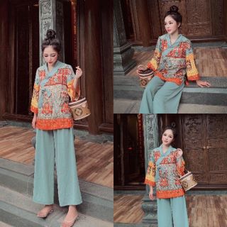 LỐC SALE - Set bộ lam thổ cẩm SHNBV60 (xanh- cam) kèm ảnh thật