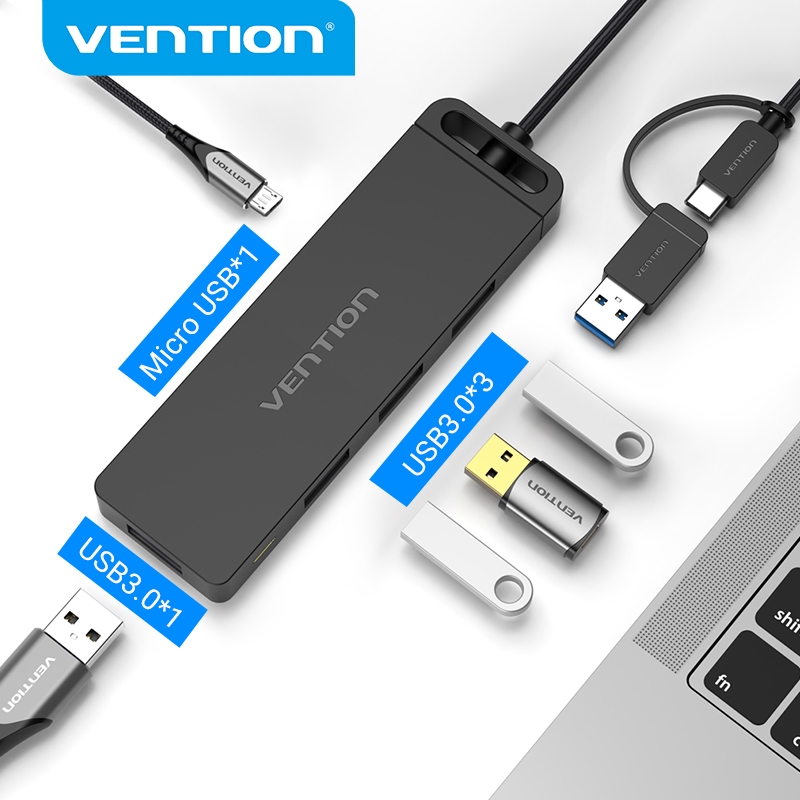 Bộ HUB Chuyển Đổi Vention USB3.0 & USB-C 2 Trong 1 Sang 4 Cổng USB/Micro-USB Tốc Độ Cao 5 Gbps Dành Cho PC Laptop