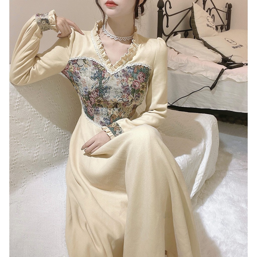 Váy đầm tiểu thư vintage dáng xòe dài maxi boho đi biển bánh bèo dài tay phối hoa vải linen xinh đẹp công chúa new
