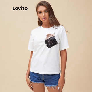113XJ Áo thun Lovito co giãn nhẹ đính sequin đắp túi thường ngày L15X081 (Màu trắng)