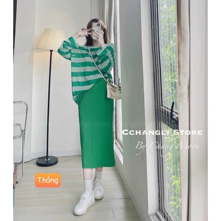 Set Áo Hở Vai Phối Chân Váy Len Dáng Dài, Set Đồ Mùa Thu Phong Cách Hàn Quốc