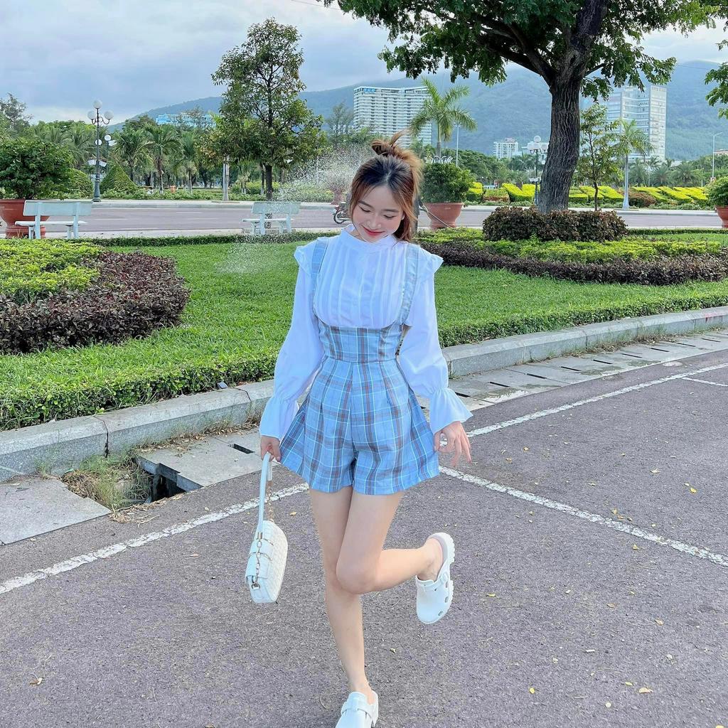 Set  áo yếm kèm quần, set bộ đi chơi áo sơ mi trắng mix quần yếm kẻ phong cách nhẹ nhàng hàng cao cấp chất đẹp loại 1