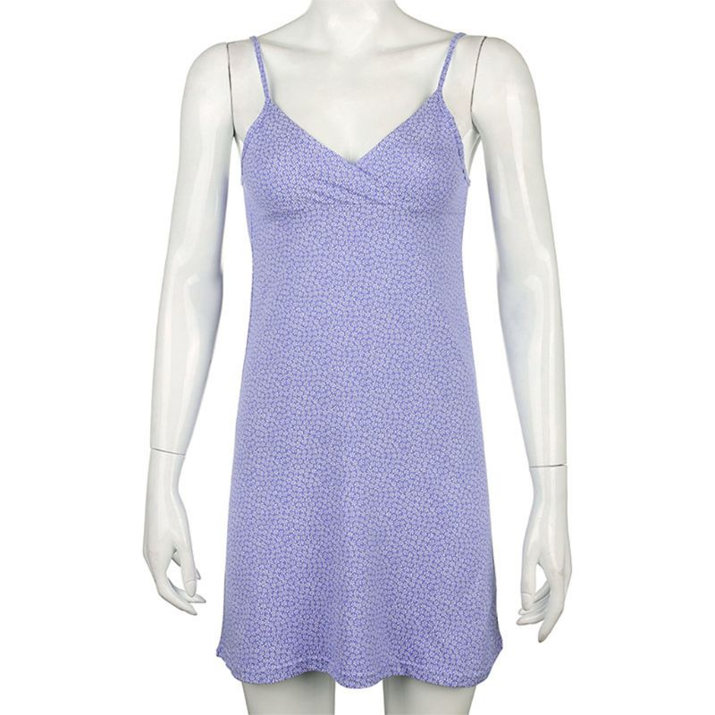 Đầm Hai Dây Dáng Chữ A Lưng Cao Cổ Chữ V Hở Lưng Họa Tiết Hoa Tím Phong Cách Quyến Rũ