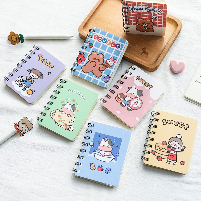 Sổ tay cute mini lò xo ghi chép khổ A7 bìa hoạt hình nhỏ gọn dễ thương 110 trang BMBooks