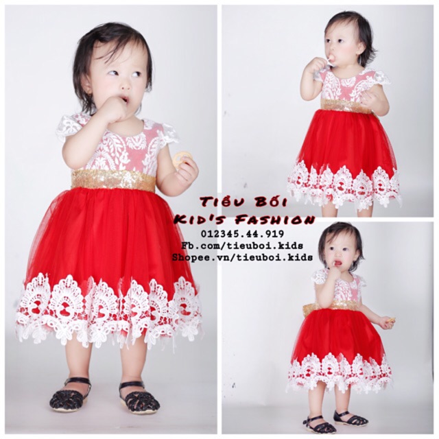 Đầm công chúa đỏ thiết kế phối ren trắng