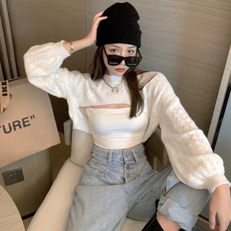 Áo len croptop tay dài cổ tròn🔥🤍 Áo len tay dài Ulzzang