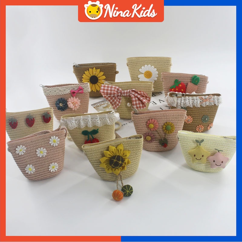 Túi Cói Đeo Chéo Đính Hoa Dễ Thương Dành Cho Bé Gái