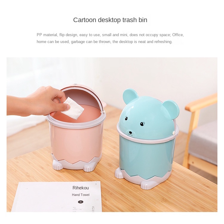Thùng Rác Nắp Lật Bằng Nhựa Cỡ Nhỏ Để Bàn Phòng Khách / Văn Phòng Hoạt Hình Gấu Đáng Yêu