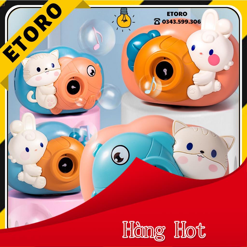 Máy Ảnh Thổi Bong Bóng Tự Động Phát Nhạc Hình Thỏ Và Mèo Con 2 Màu Xanh Cam Có Đèn Kèm Dây Đeo Và Xà
