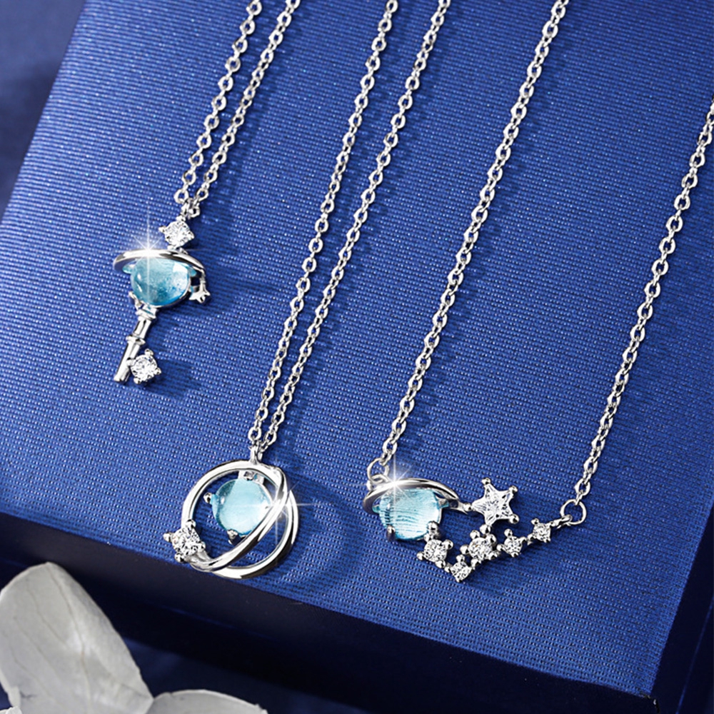Dây chuyền phối mặt đá Sapphire xanh hình chìa khóa tinh tế thời trang cho nữ