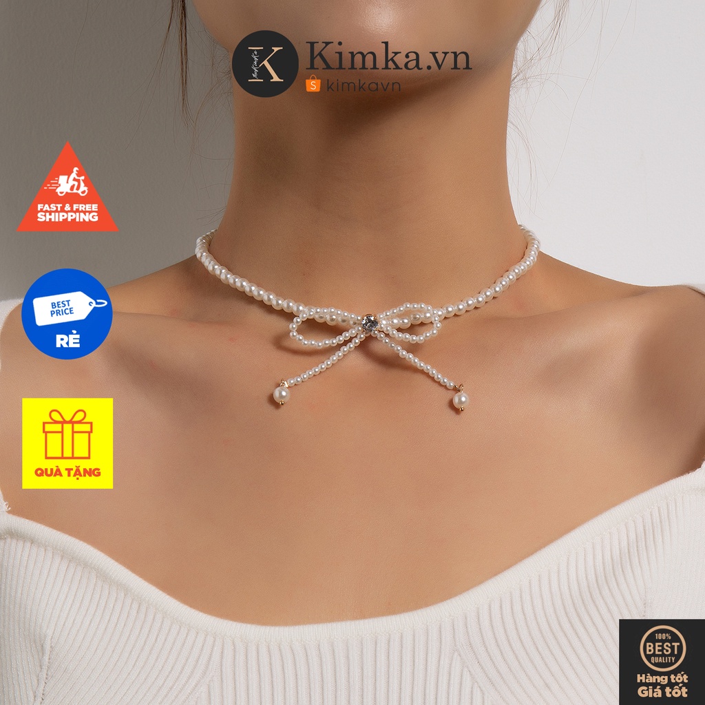 (038) Vòng Cổ Choker Ngọc Nhỏ Thắt Nơ Nữ Tính Thanh Lịch Hàn Quốc