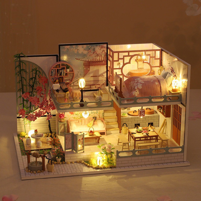 Mô hình nhà DIY Doll House Yaqin Court Kèm Mica Chống bụi, Bộ dụng cụ và Keo dán