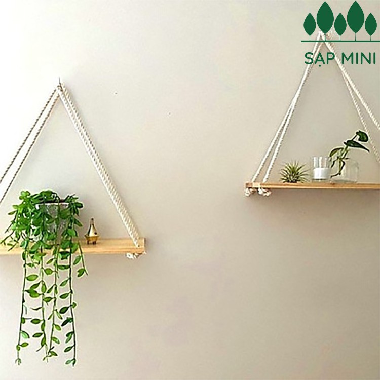 kệ gỗ treo tường dây thừng 1 tầng Decor &amp; Macrame, gỗ thông nhập khẩu, tặng khoen gỗ và đinh treo