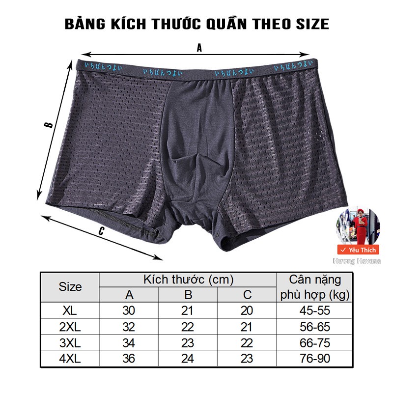 Hộp 4 quần sịp đùi boxer Nhật Bản vải thông hơi có size lớn - quần lót nam Havana MLQ02