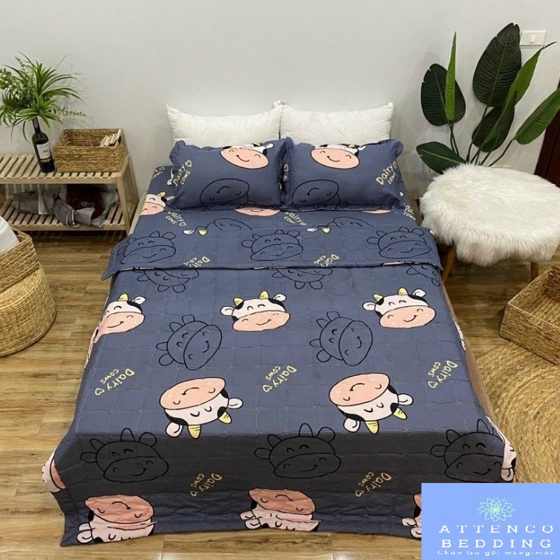 Chăn ga gối ❣FreeShip❣Chăn ga gối 5 món Cotton Poly chăn trần bông 3 lớp ,không bai không xù đường may thủ công