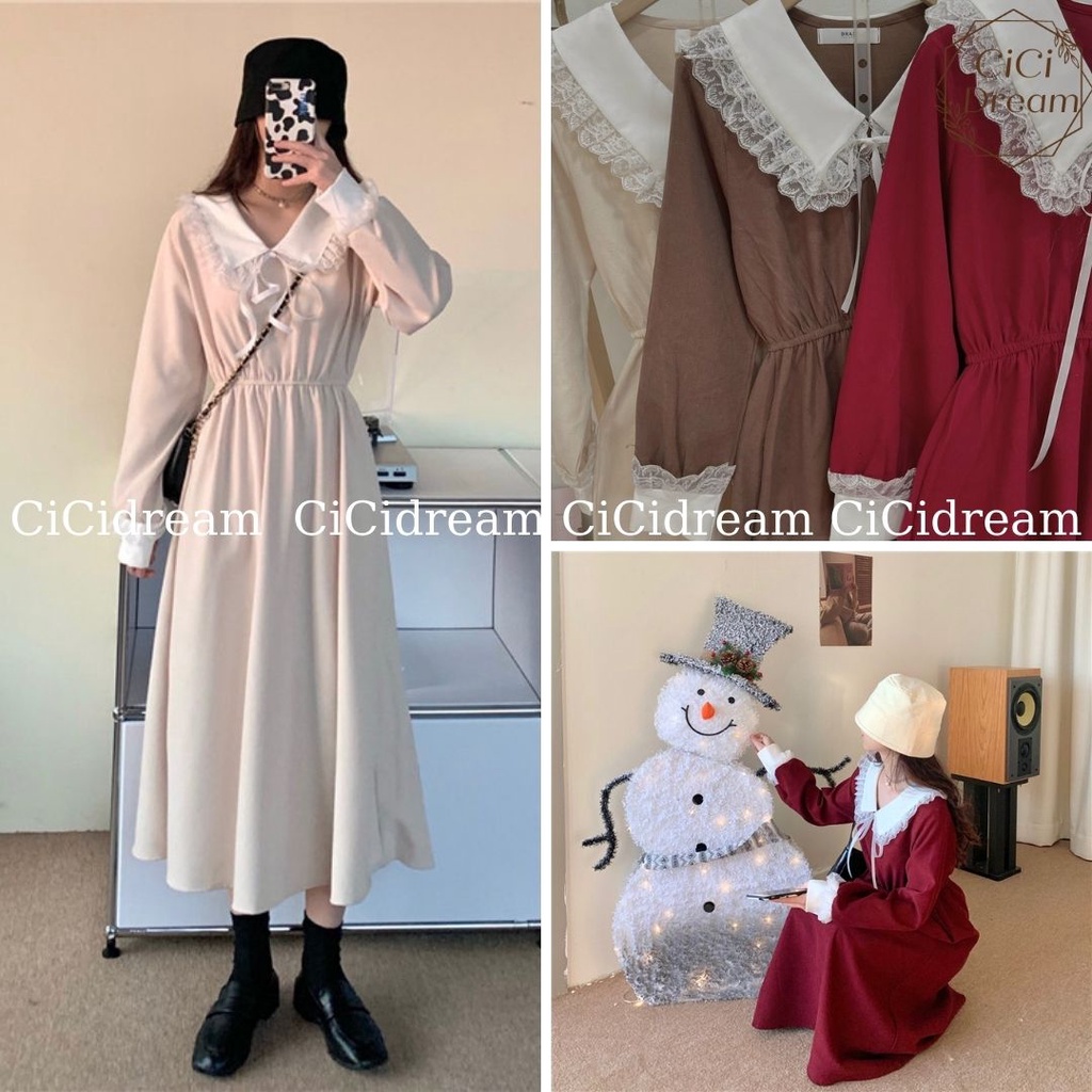 Váy Đỏ maxi noel xòe dáng dài babydoll dài tay phối cổ ren chun eo, váy nhung maxi xòe giáng sinh noel đi chơi, dự tiệc