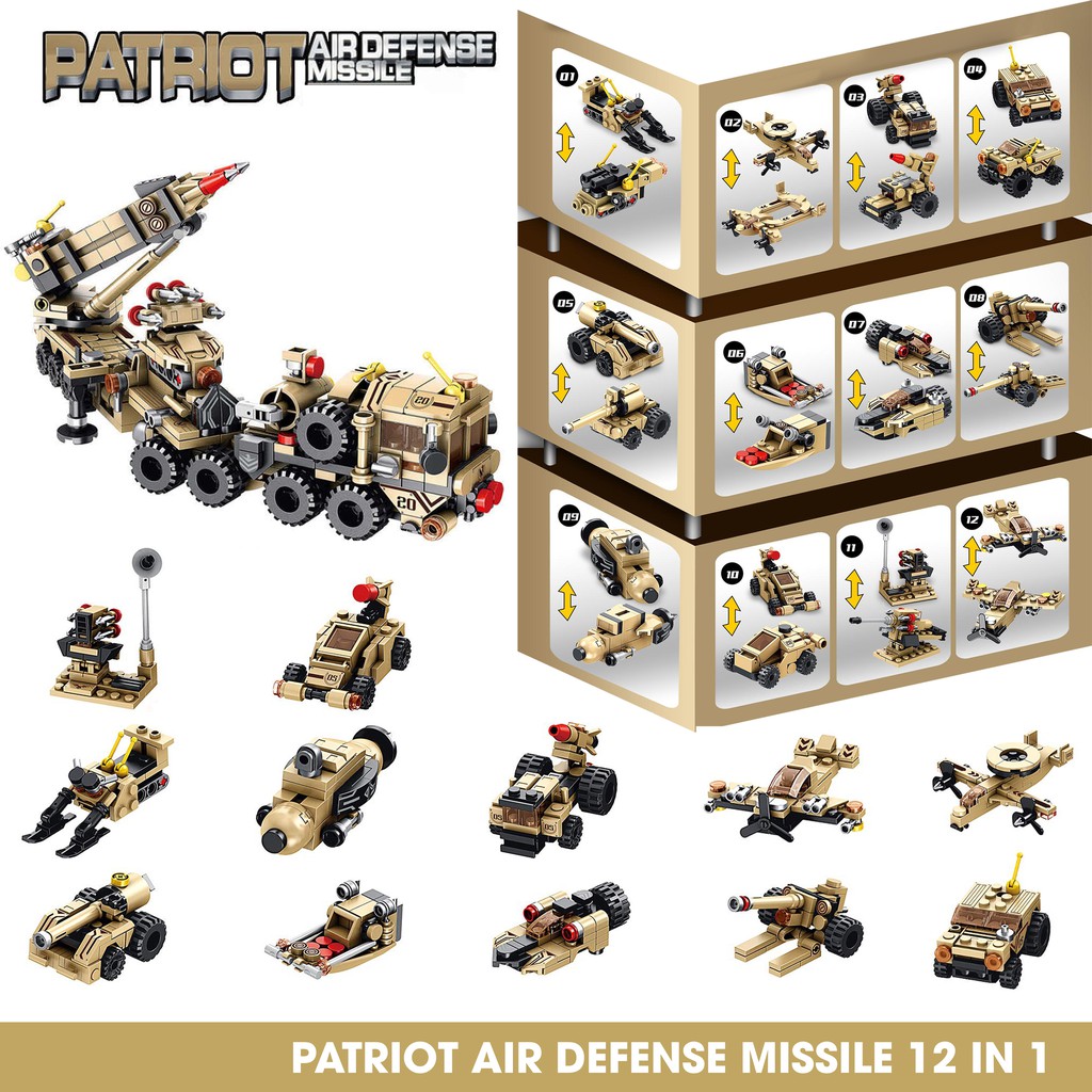 Bộ lắp ghép kiểu LEGO 12 in 1 mô hình PATRIOT Air Defense Missile, bộ ghép hình cho trẻ phát triển tính sáng tạo