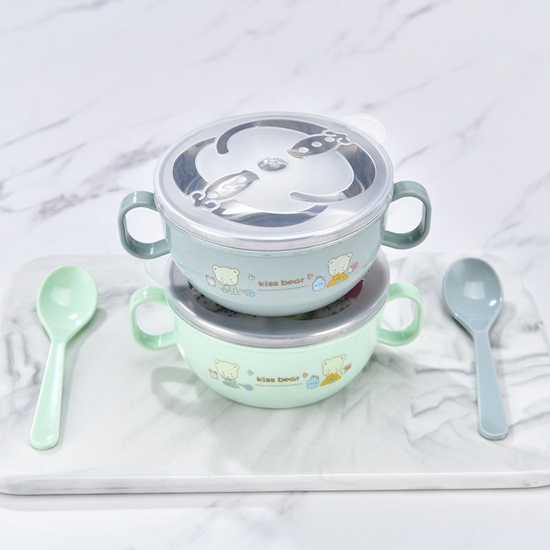 Bộ tô bát ăn chất liệu thép không gỉ 304 cách nhiệt chống bỏng hình hoạt hình dễ thương cho bé