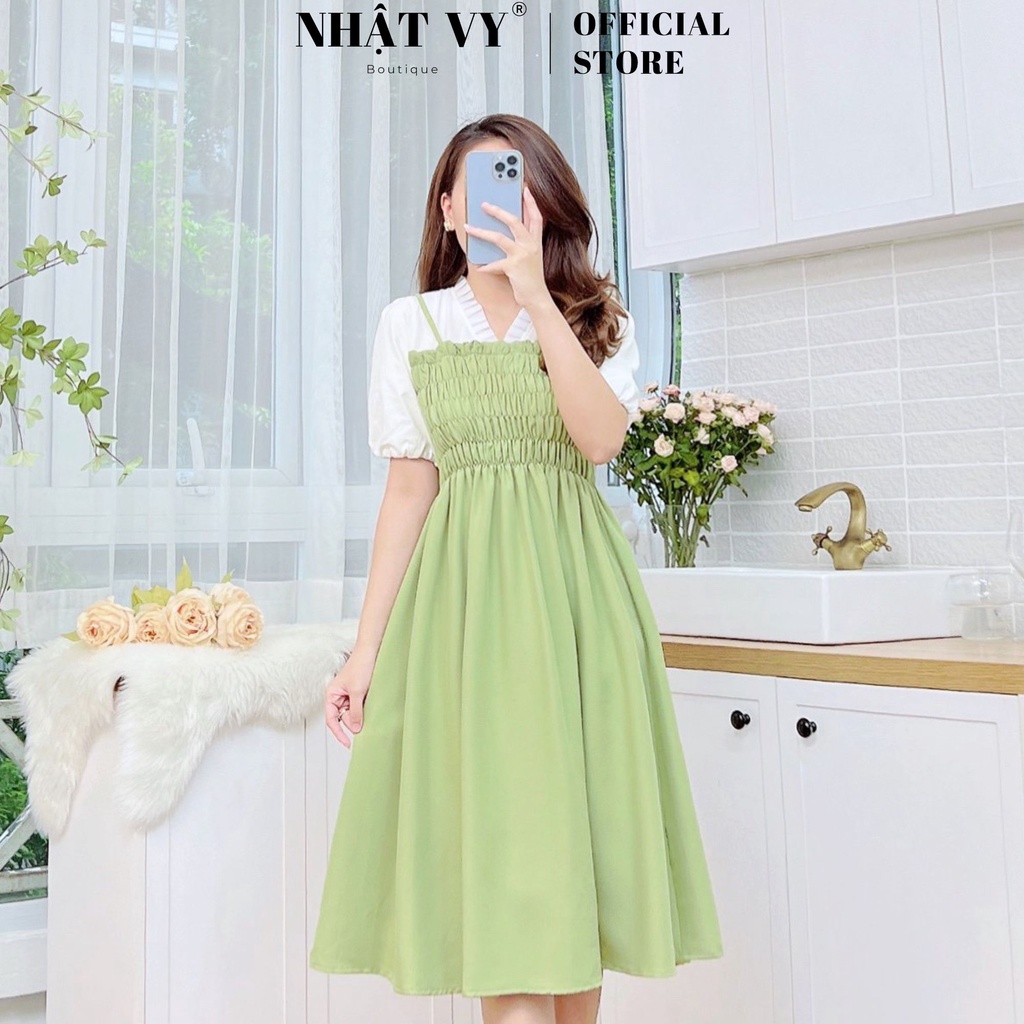 Đầm đi chơi dáng xoè Nhật Vy tay bí cổ v xếp ly bo thun ngực chất cotton phù hợp dạo phố cafe sang chảnh - D2493