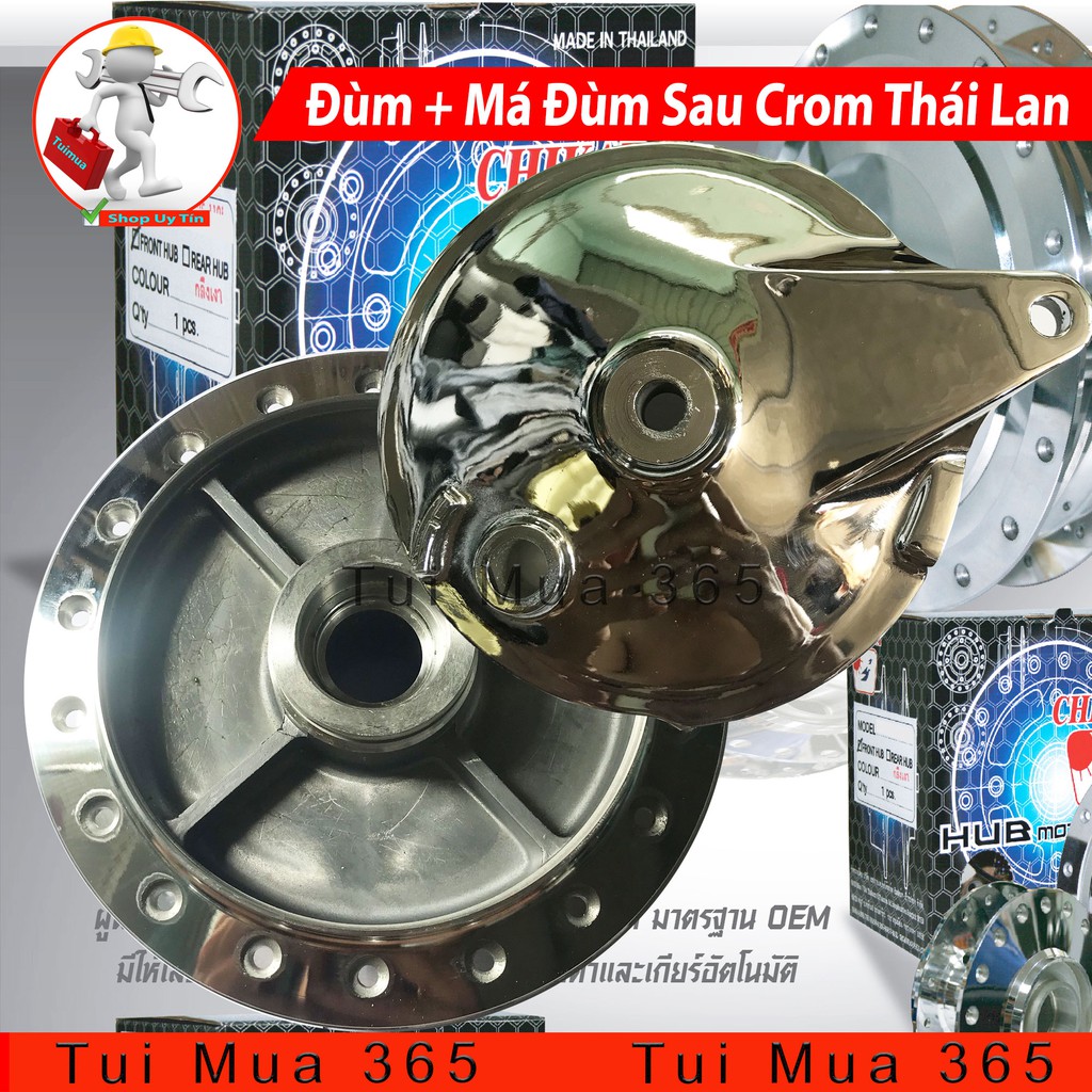 Combo Đùm Lớn và Má Đùm Bánh Sau Mạ Crom Xe Sirius, Exciter 135, Thắng Đùm ( Thái Lan )