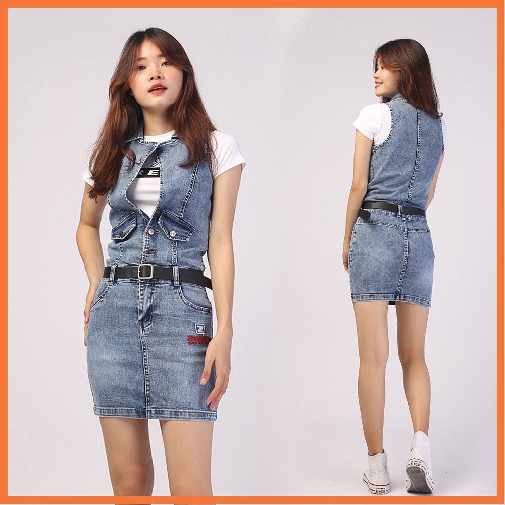 Chân váy liền áo jean HANOIJEAN co giãn - Chân váy ngắn màu xanh nhạt chân váy bò VAY004