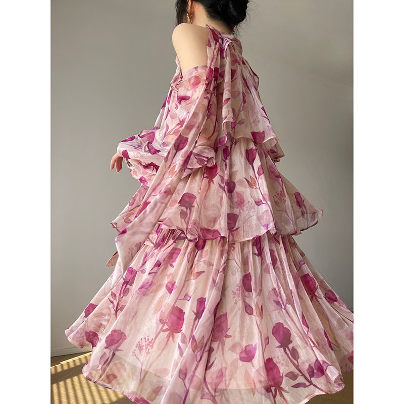 Bán Chạy!F &amp; X Đầm Tay Dài In Họa Tiết Aconiconi|Muguang Đầm Tay Phồng In Hoa Phong Cách Trung Quốc Ngọt Ngào Cao Cấp