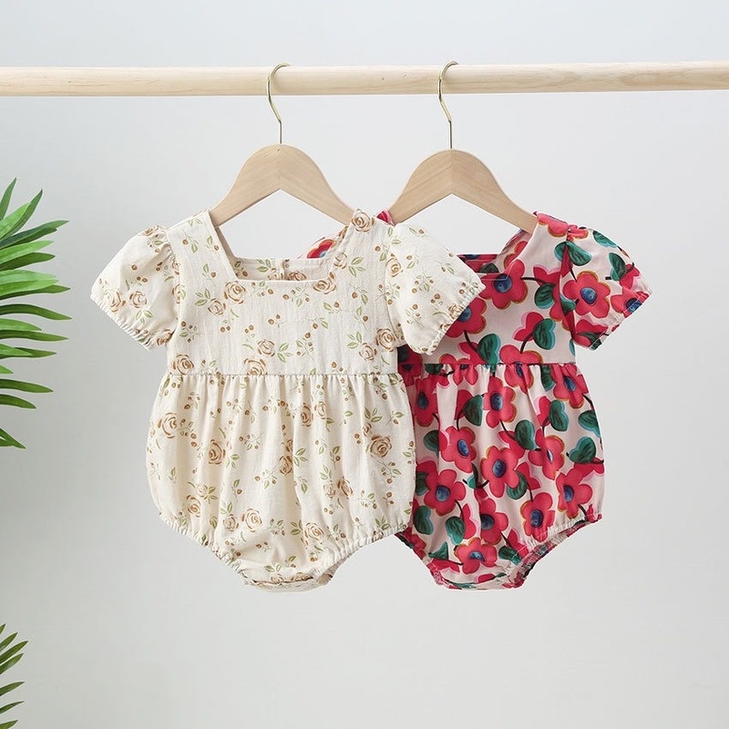 Bộ Áo Liền Quần Tay Phồng Chất Liệu Cotton Đính Nơ In Hoa Thời Trang Mùa Hè Cho Bé Gái Sơ Sinh