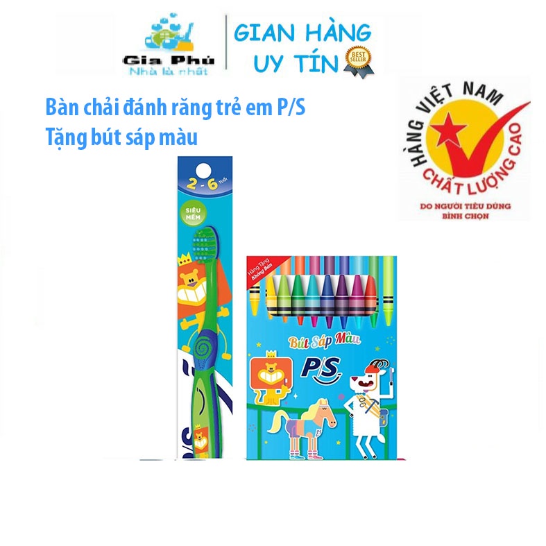 Bàn chải đánh răng P/S cho bé 2-6 tuổi + Tặng hộp sáp màu